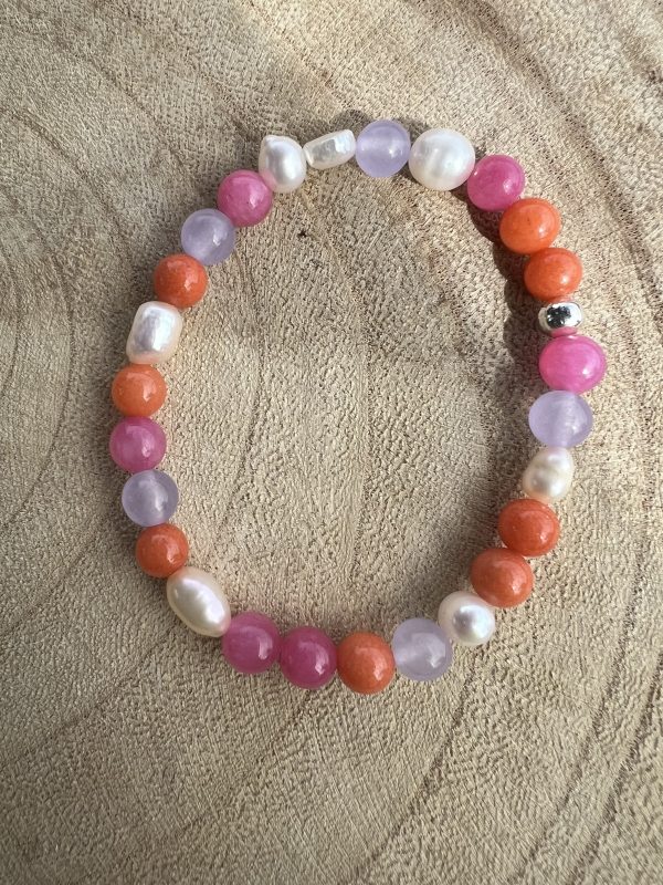 Armbånd pink/orange sten/ferskvandsperler